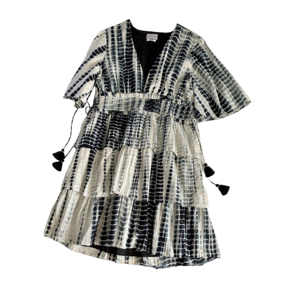Saylor Syden Navy Tie Dye Gold Metallic V-neck Tiered Boho Mini Dress Large